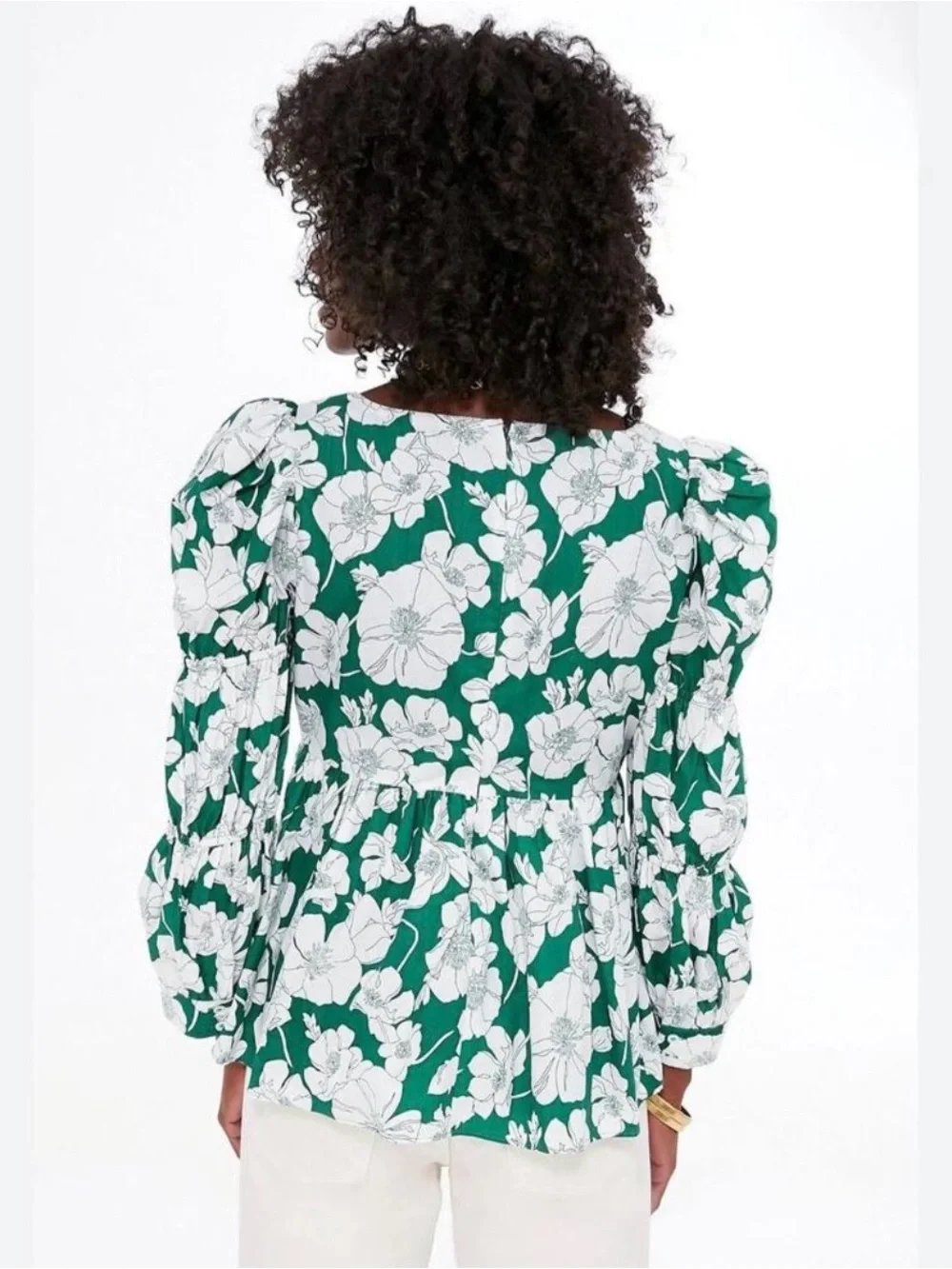Tuckernuck Hyacinth House Green Floral Puff-Sleeve Peplum Top Long Sleeve K